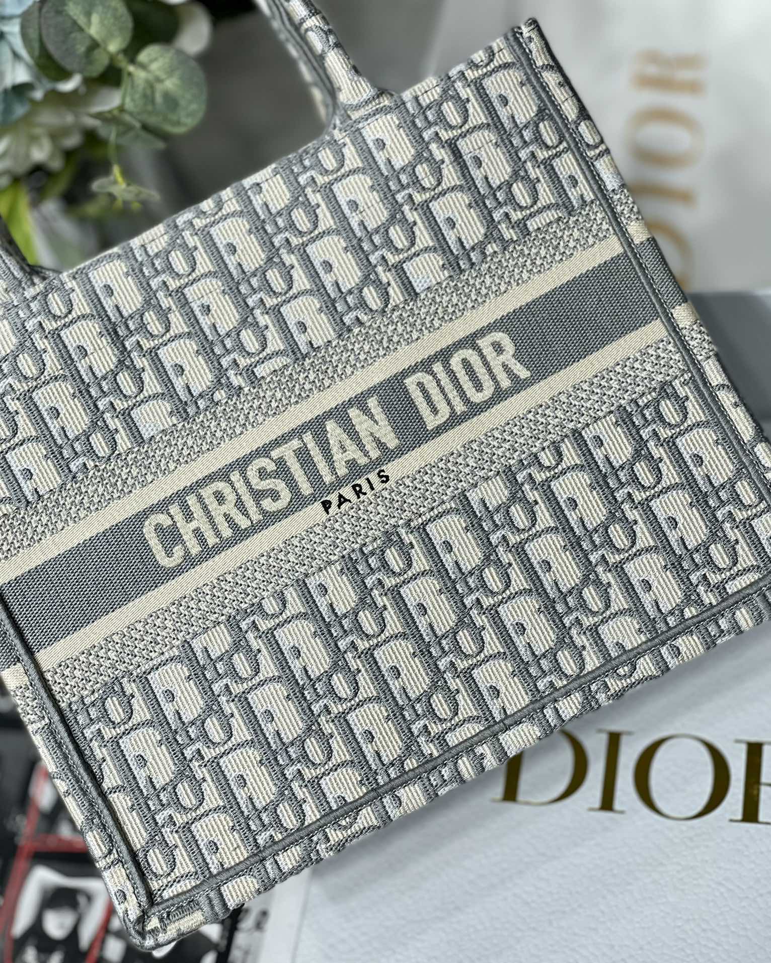 Small Dior Book Tote Bag Ecru and Gray Dior Oblique Embroidery